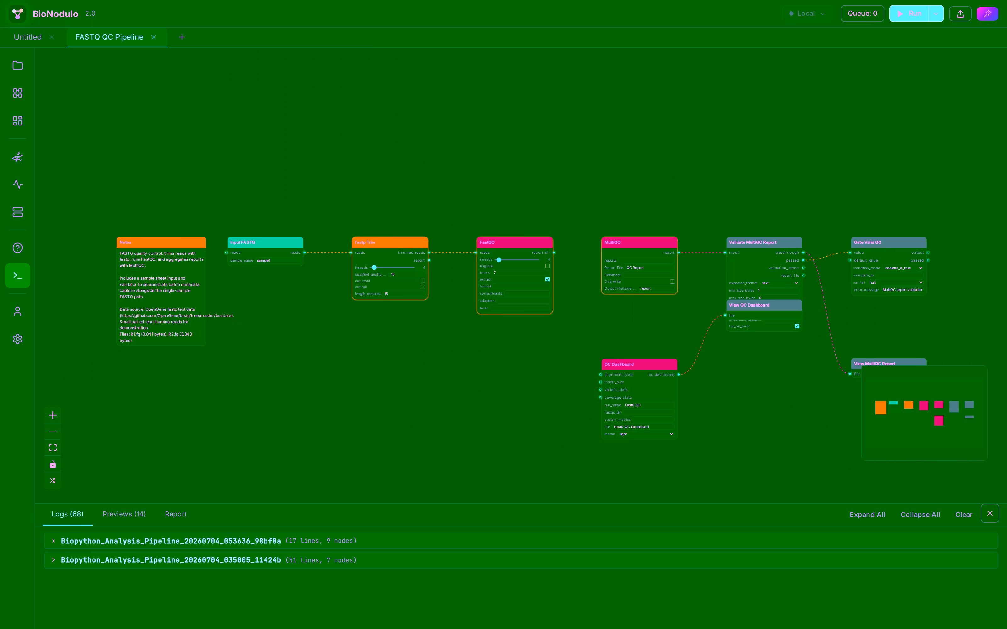 The BioNodulo run console streaming per-node execution logs