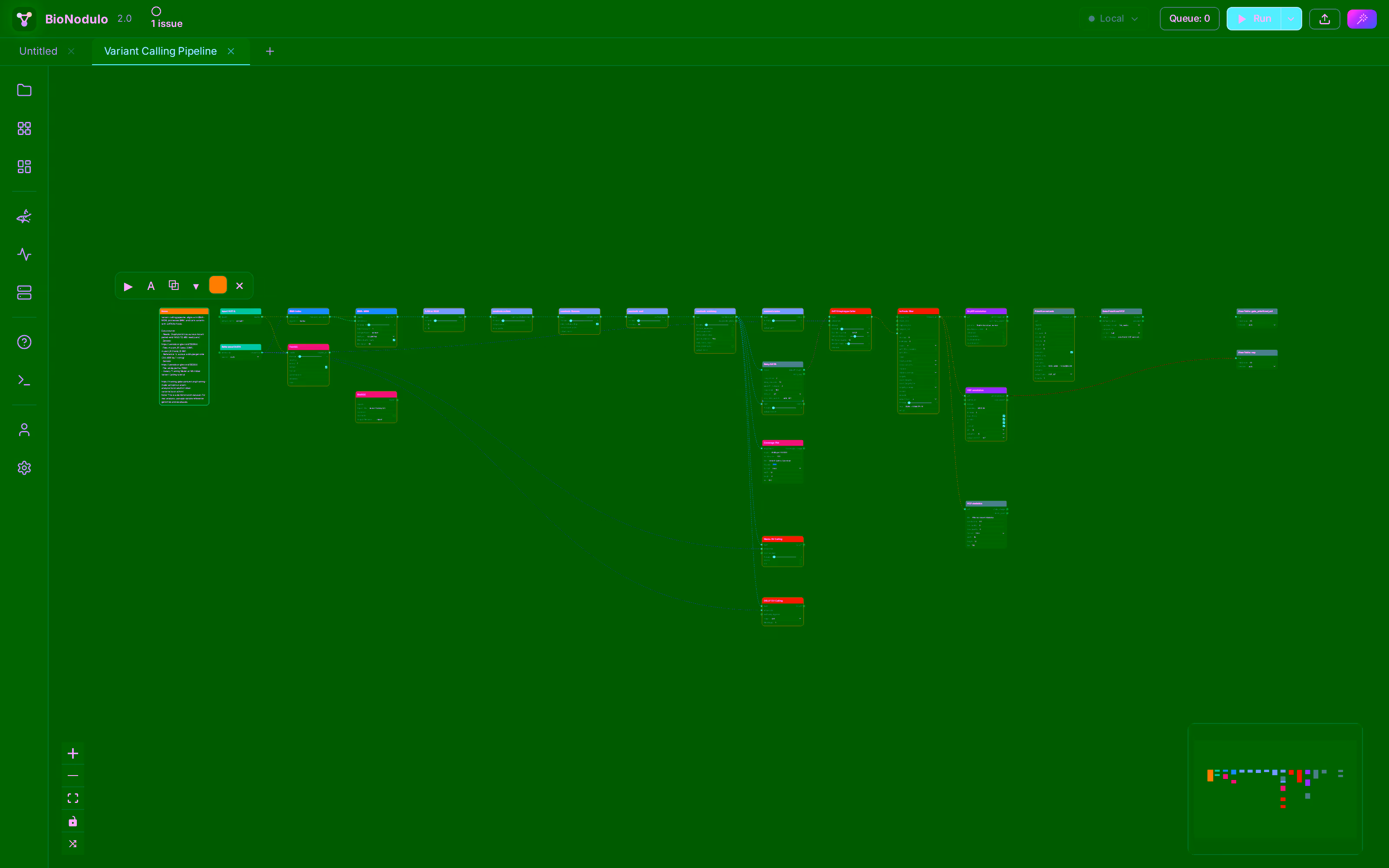 The BioNodulo editor: node canvas, panels, and run console in dark mode