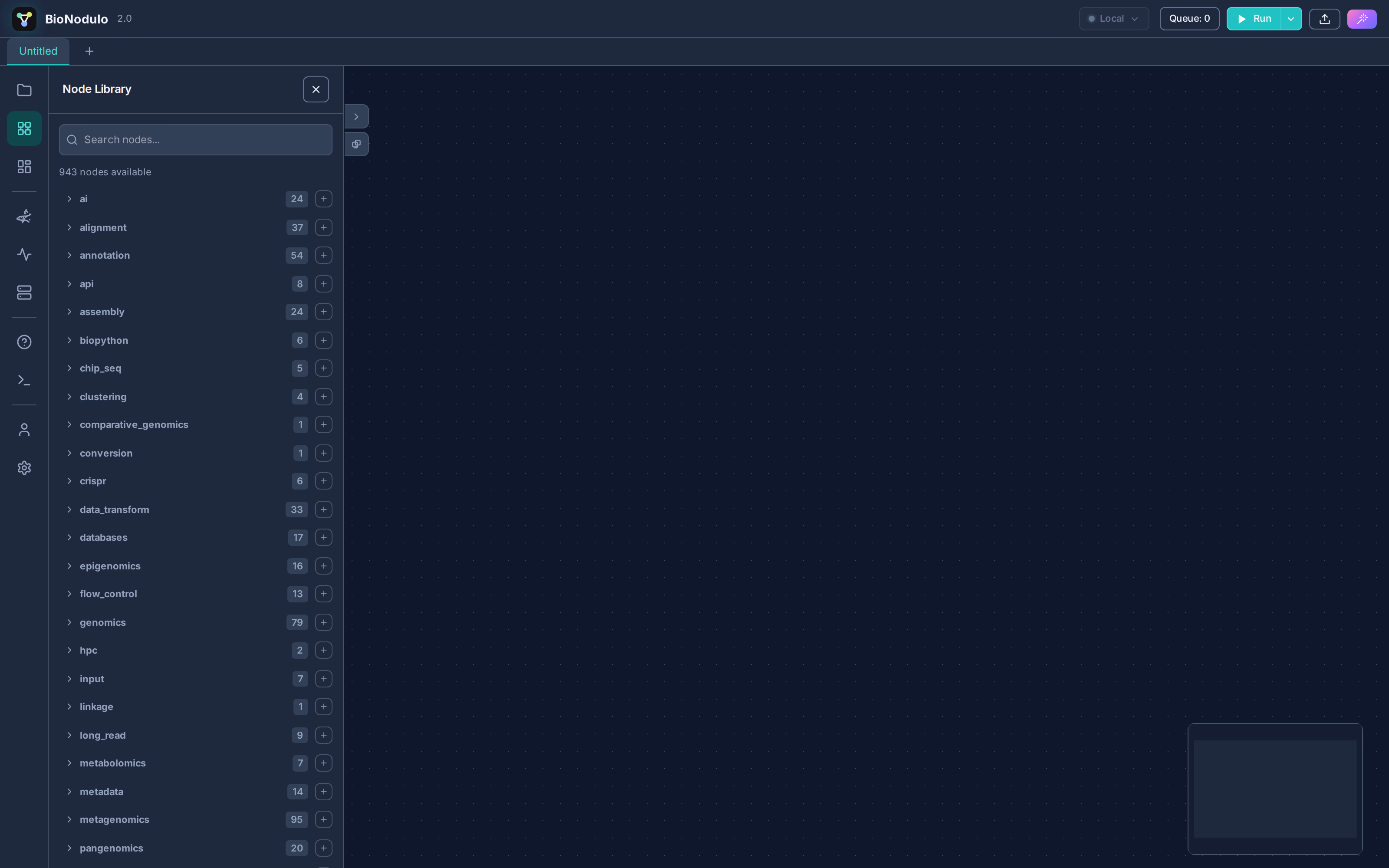The BioNodulo node library panel showing categorized bioinformatics nodes