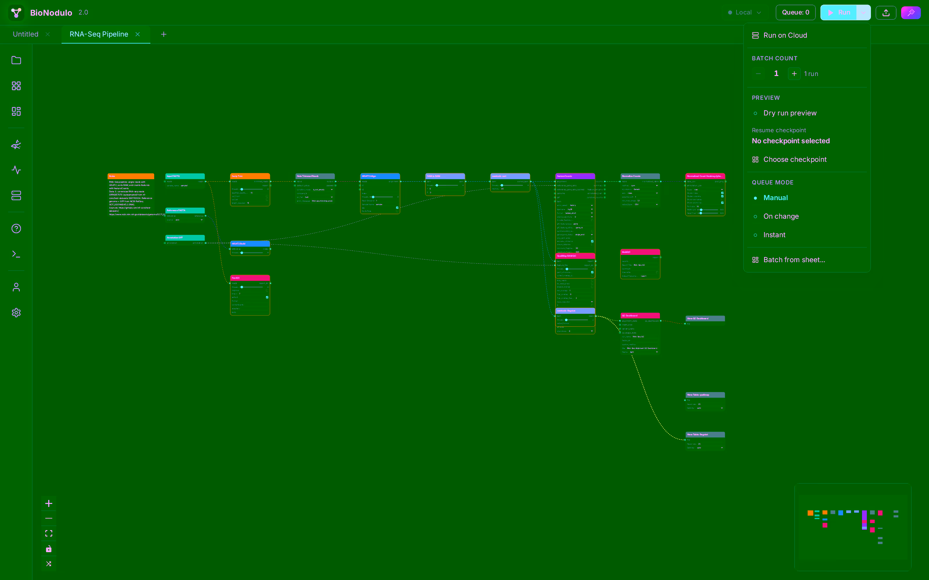 Launching a BioNodulo workflow on managed cloud compute from the editor